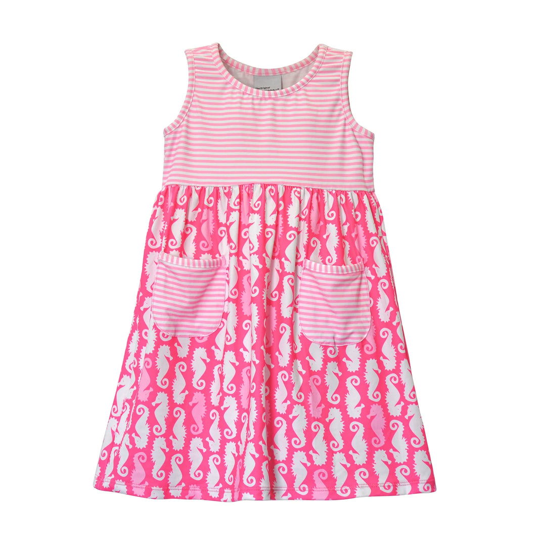 UPF 50+ Dahlia Sleeveless Dress w/ Pockets - Happy Pink Seahorses