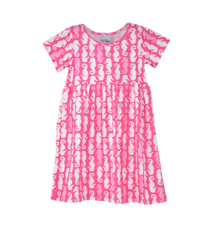 UPF 50+ Laya Short Sleeve Tee Dress - Happy Pink Seahorses