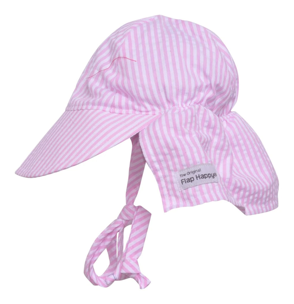UPF 50+Original Flap Hat with Ties - Pink Stripe seersucker