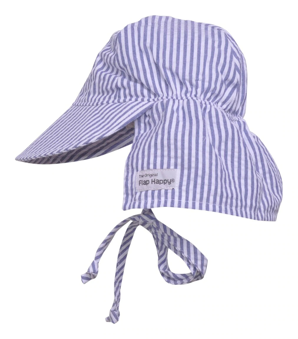 UPF 50+Original Flap Hat with Ties - Chambray Stripe Seersucker